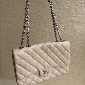 Chanel Beige Quilted Caviar Leather Maxi Classic Single Flap Bag